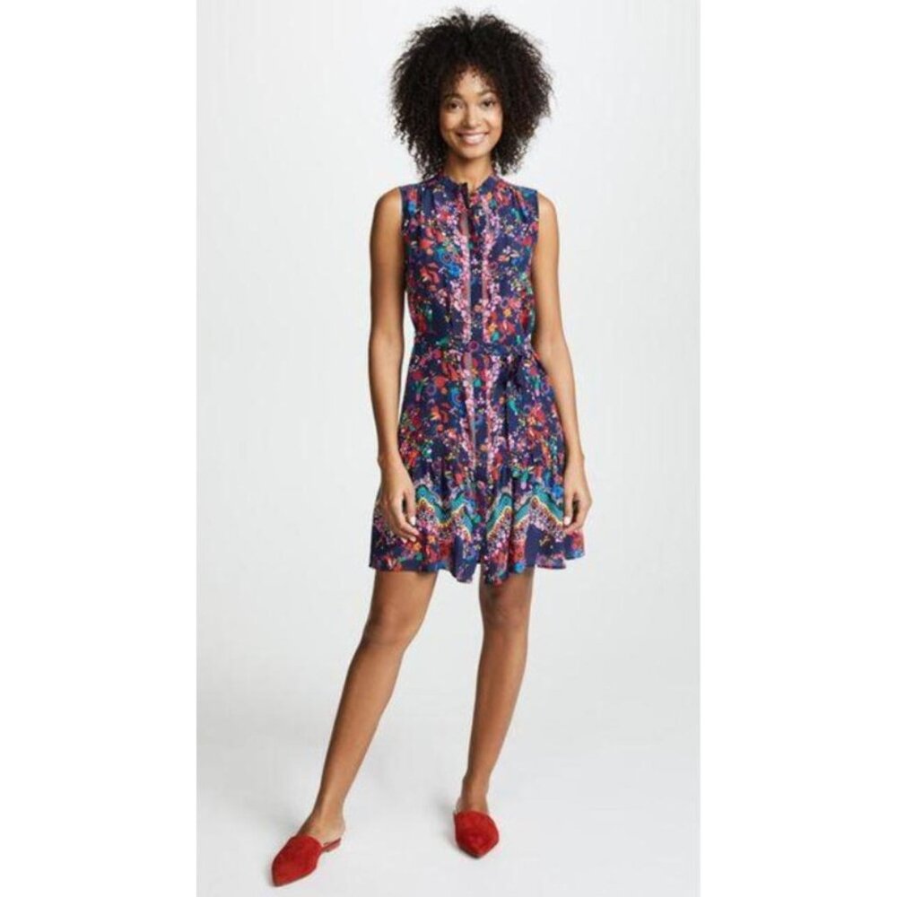 Saloni Tilly Dress Sleeveless Button Front Belted Silk Navy Multi Floral Size 2